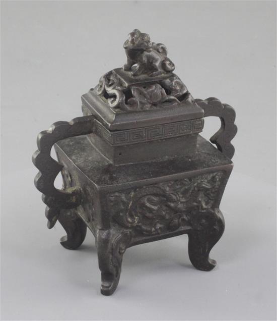 A miniature Chinese bronze censer, Fangding, 17th century, height 10.5cm